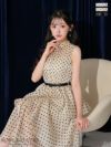 キャバドレス ロングドレス ROBEdeFLEURS ローブドフルール　高級ドット柄ノースリーブウエストベルトオーガンジーエレガントAラインロングドレス