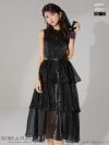 キャバドレス ロングドレス ROBEdeFLEURS ローブドフルール　高級ドット柄ノースリーブウエストベルトオーガンジーエレガントAラインロングドレス