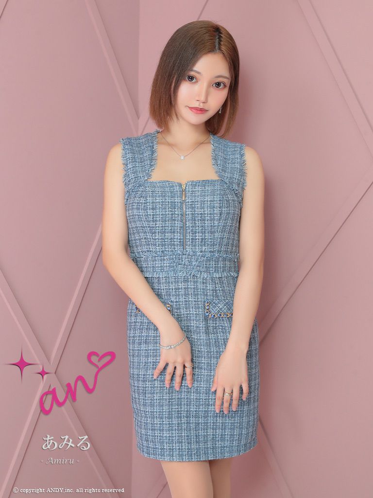 キャバドレス an アン　高級ノースリーブチェック柄ツイードジップポケットデザインタイトミニドレス