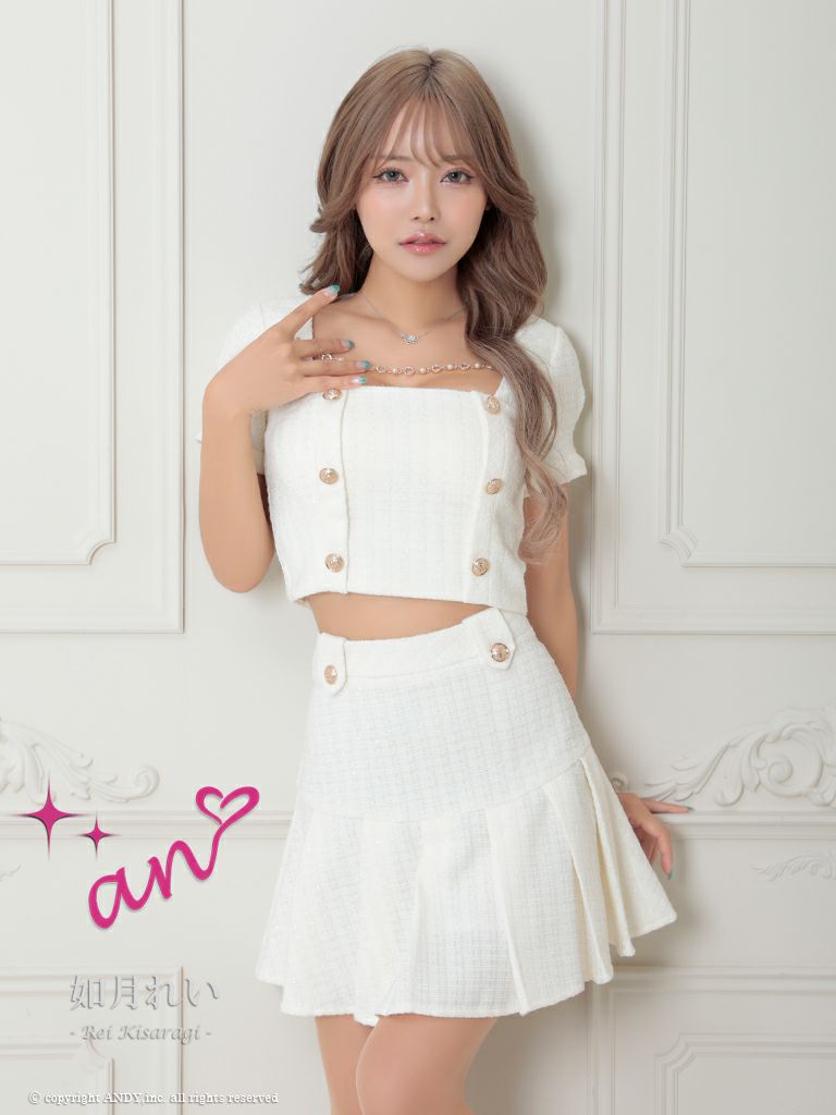 キャバドレス an アン　高級半袖ツイードスクエアネックセットアップチェーンゴールドボタンフレアミニドレス