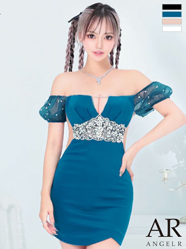 キャバドレス ミニドレス Angel-R エンジェルアール 　高級オフショルダーくびれバストタックフラワービジュータイトミニドレス