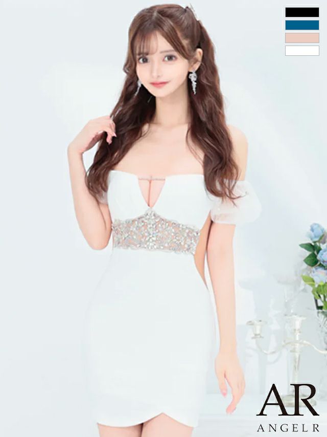 キャバドレス ミニドレス Angel-R エンジェルアール 　高級オフショルダーくびれバストタックフラワービジュータイトミニドレス