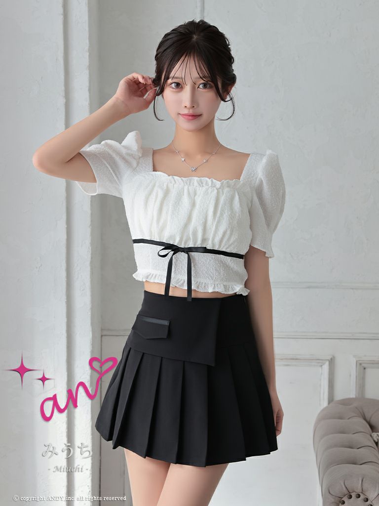 キャバドレス an アン　高級半袖セットアップウエストリボンバイカラーフレアミニドレス