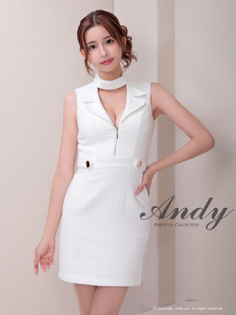 キャバドレス Andy アンディ　高級2way長袖襟デザインジップラメツイードウエストベルトタイトミニドレス