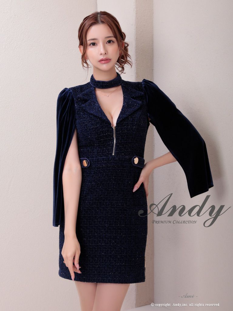キャバドレス Andy アンディ　高級2way長袖襟デザインジップラメツイードウエストベルトタイトミニドレス