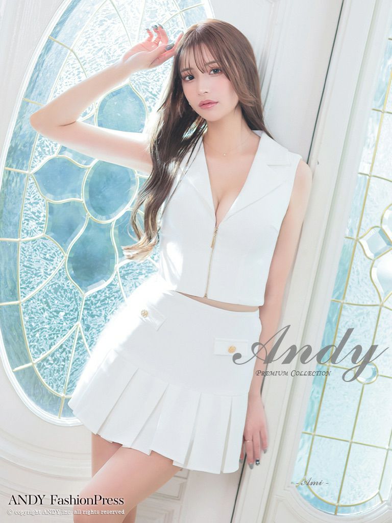 キャバドレス Andy アンディ　高級ノースリーブセットアップ襟デザインジップポケットデザインフレアミニドレス