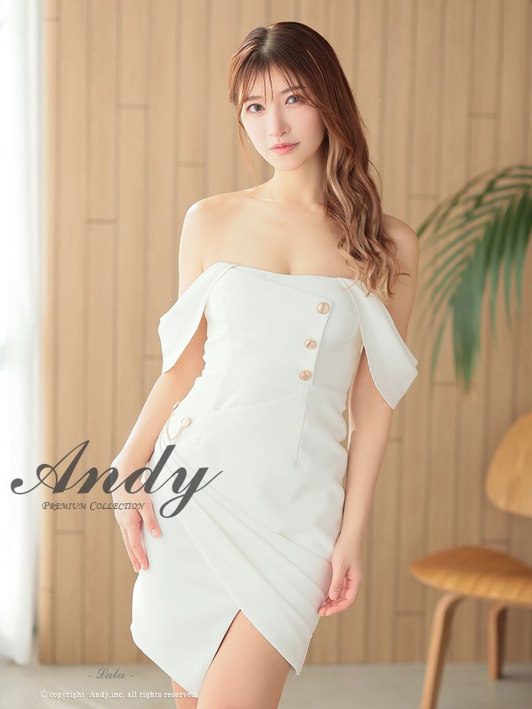 キャバドレス Andy アンディ　高級2wayオフショルダーゴールドボタンチェーンアシンメトリーシンプルタイトミニドレス