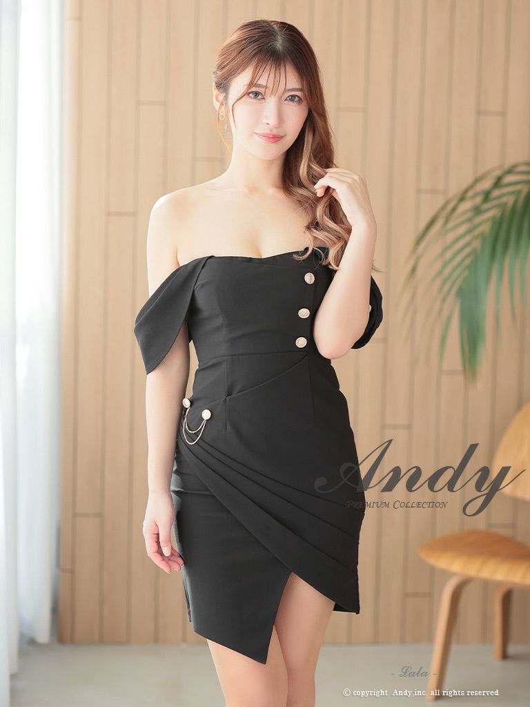 キャバドレス Andy アンディ　高級2wayオフショルダーゴールドボタンチェーンアシンメトリーシンプルタイトミニドレス