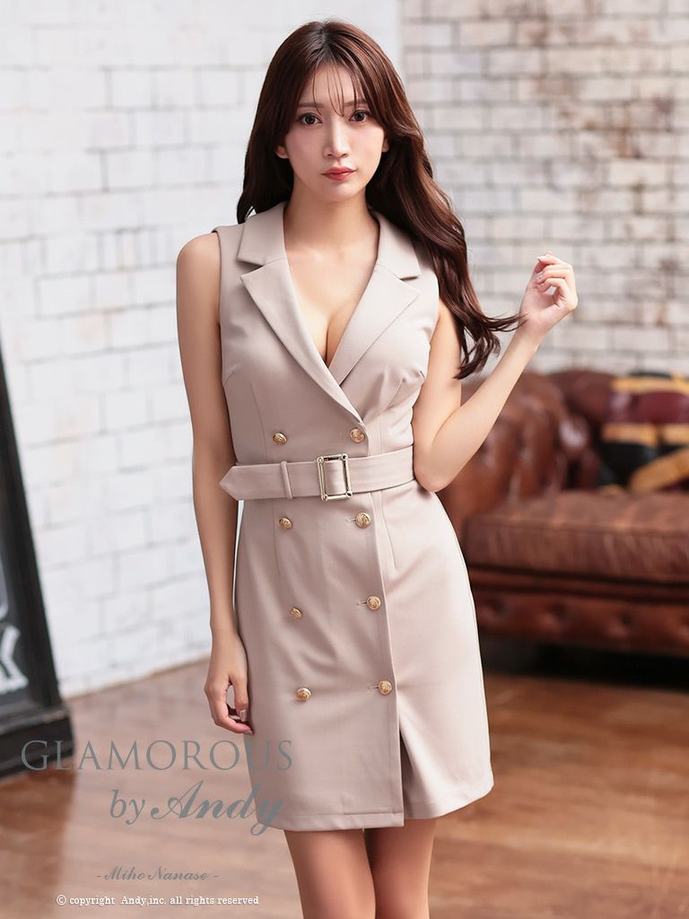 キャバドレス AndyGLAMOROUS アンディグラマラス　高級ノースリーブ襟デザインウエストベルトゴールドボタンシンプルタイトミニドレス
