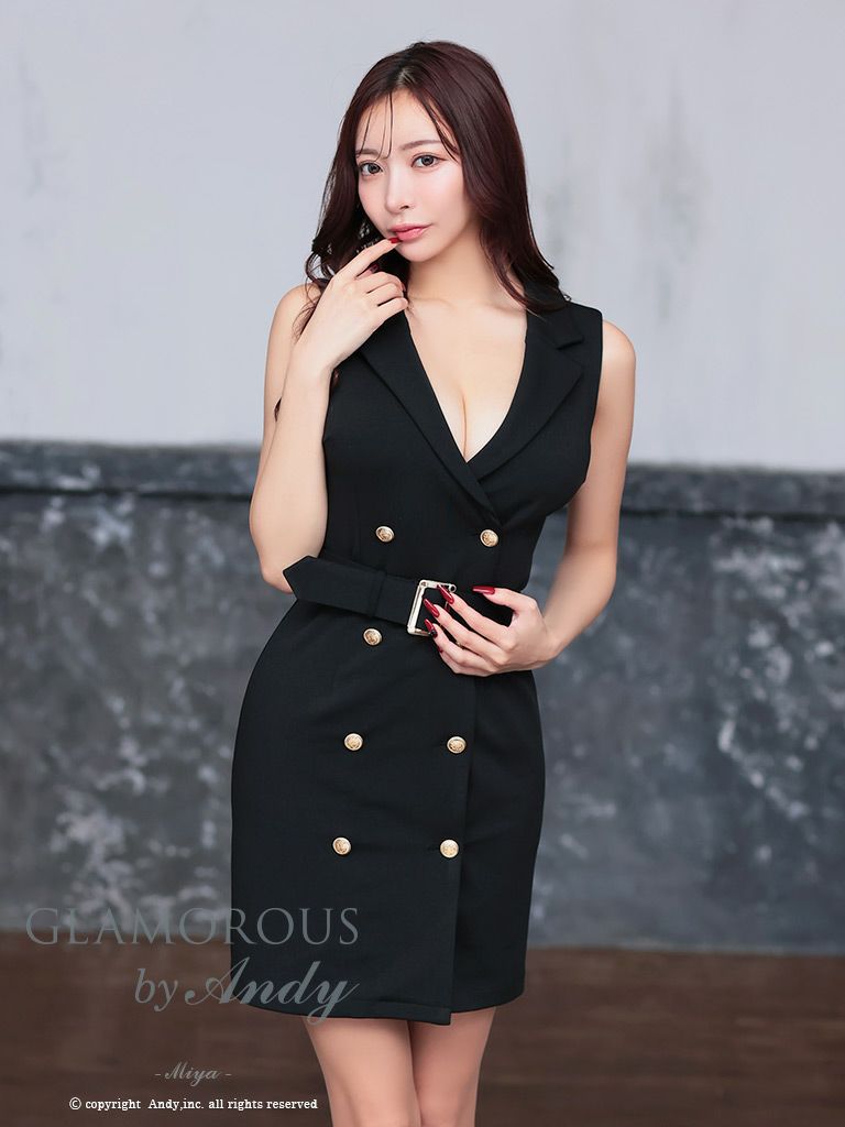 キャバドレス AndyGLAMOROUS アンディグラマラス　高級ノースリーブ襟デザインウエストベルトゴールドボタンシンプルタイトミニドレス