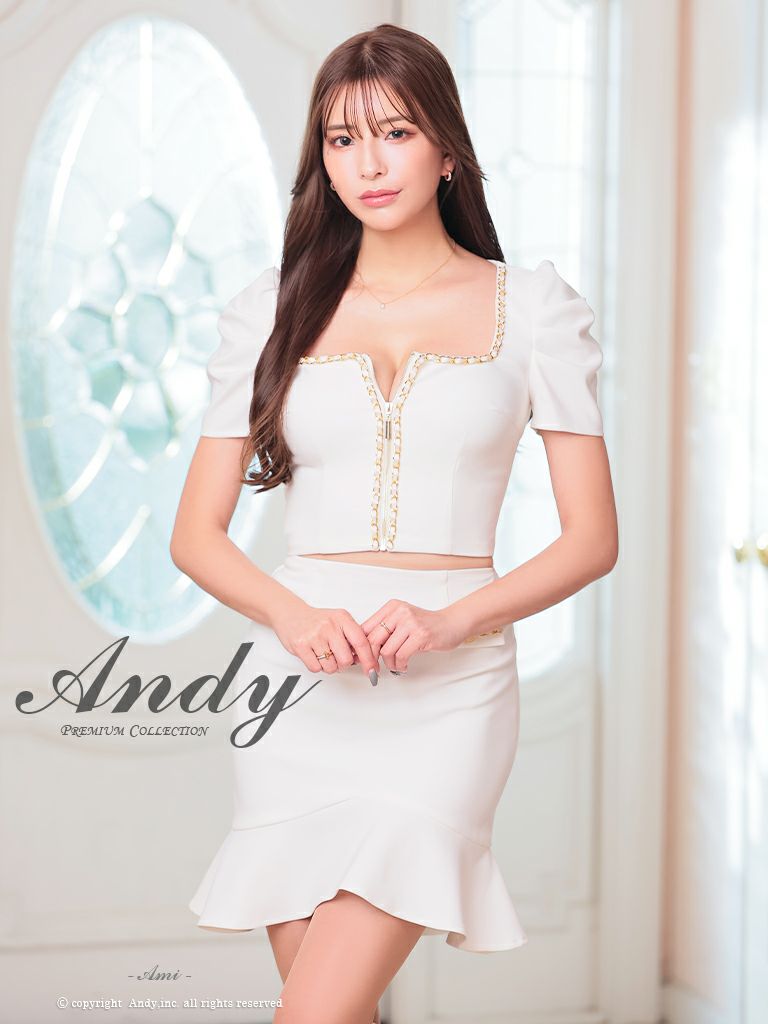 キャバドレス Andy アンディ　　高級半袖スクエアネックセットアップジップチェーン裾フリルタイトミニドレス