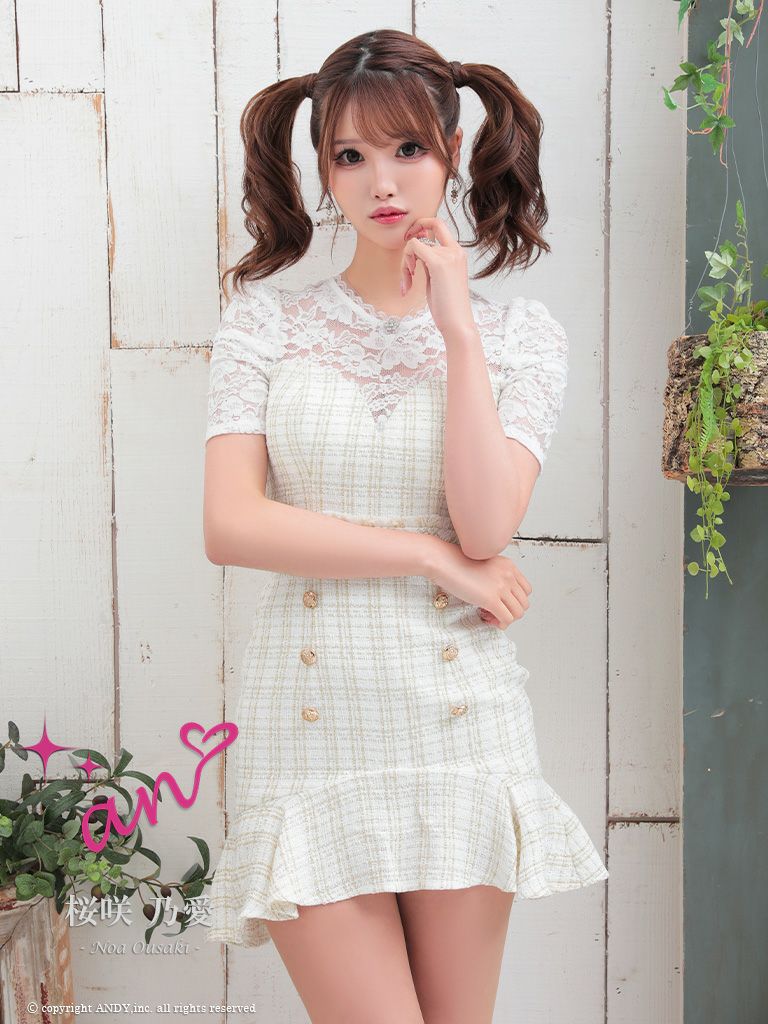 キャバドレス an アン　高級半袖チェック柄ツイード花柄レースゴールドボタン裾フリルタイトミニドレス