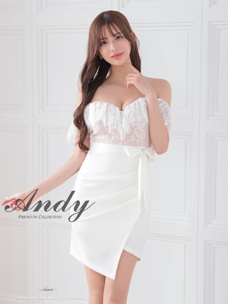 キャバドレス Andy アンディ　高級オフショルダー花柄レースウエストリボンワンカラータイトミニドレス