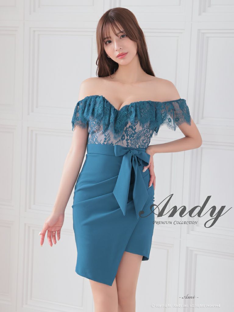 キャバドレス Andy アンディ　高級オフショルダー花柄レースウエストリボンワンカラータイトミニドレス