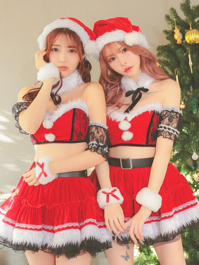 サンタコス 7点set へそ出しオフショルセパレートボリュームフリルセクシーフレアスカートサンタコスプレ [帽子+付け襟+ブラトップ+スカート+付け袖+カフス+ベルト]