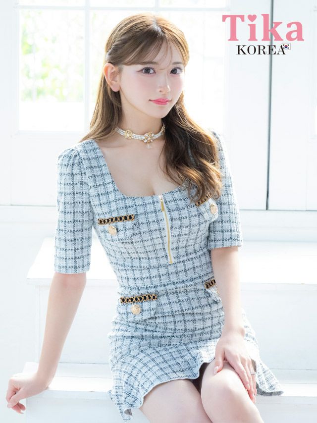 キャバドレス 韓国 ミニ丈 袖あり 大きいサイズ ツイード ワンピース タイト ミニドレス