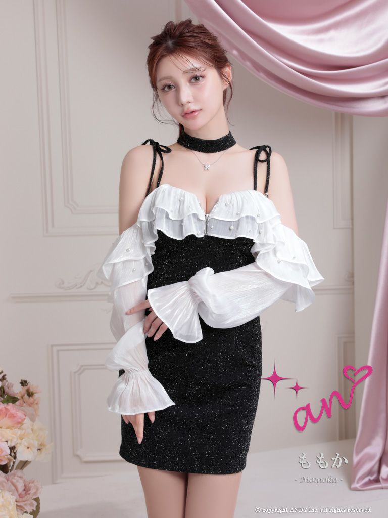 キャバドレス an アン　高級2way肩あき長袖パールラメチョーカー付きタイトミニドレス