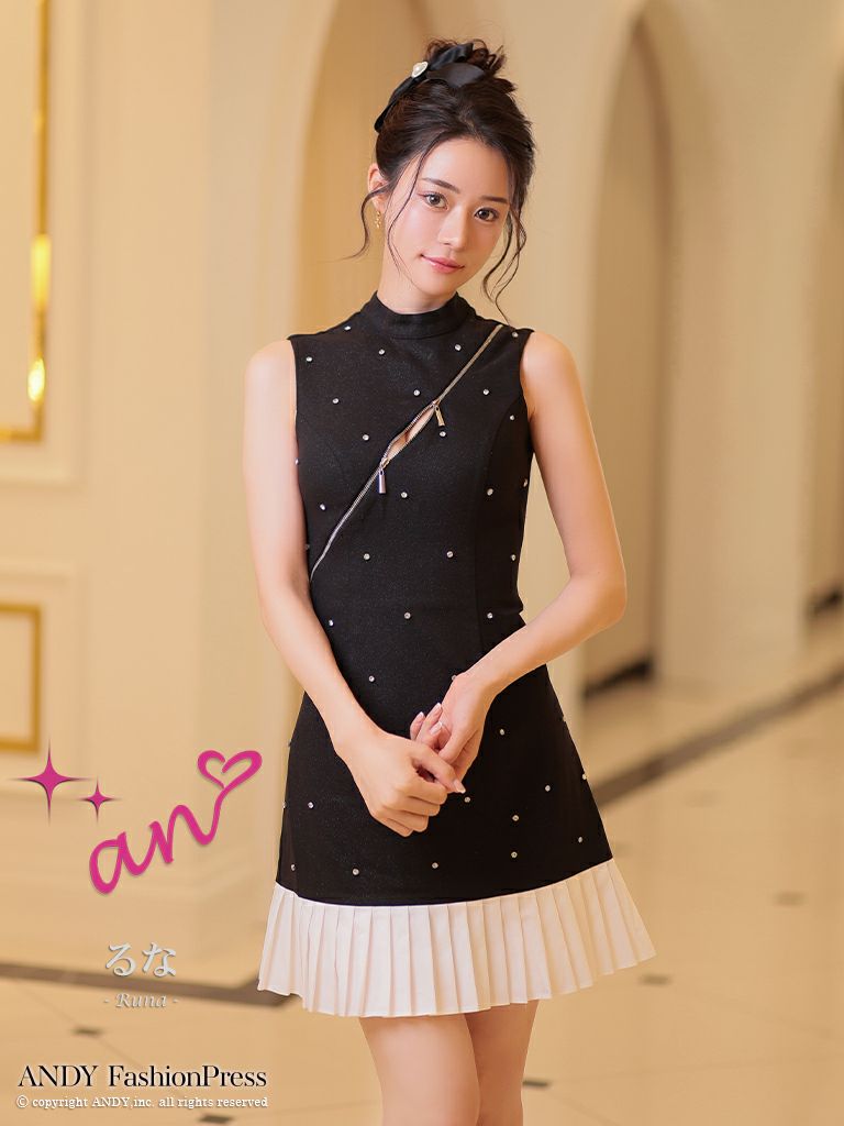 キャバドレス an アン　高級ノースリーブジップドット柄風ビジューフレアミニドレス