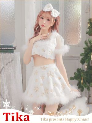サンタコス 3点set クロスネックリボンへそ出しセパレートセクシーフレアスカートふわもこキラキラスノウサンタコスプレ [トップス+スカート+カチューシャ]