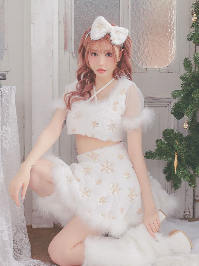 サンタコス 3点set クロスネックリボンへそ出しセパレートセクシーフレアスカートふわもこキラキラスノウサンタコスプレ [トップス+スカート+カチューシャ]
