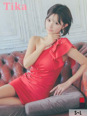ワンショルダーゴージャスフリルパールストレッ...
