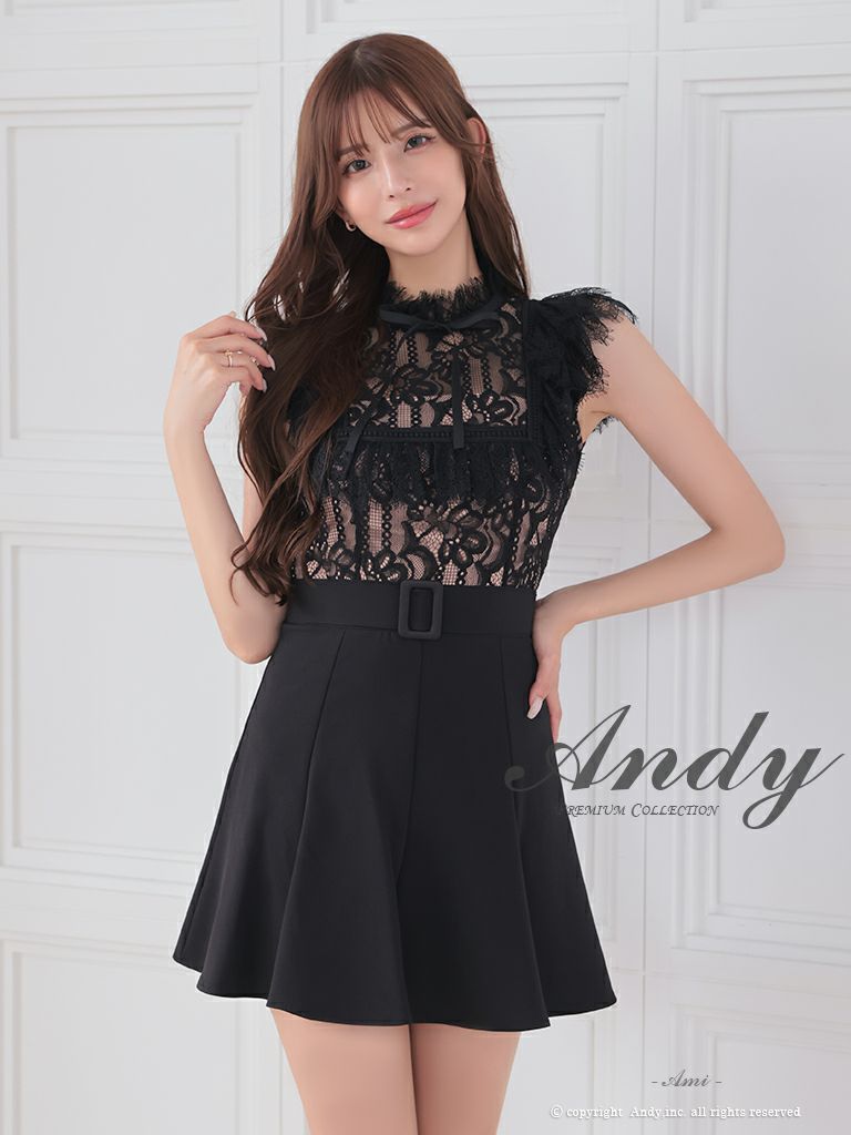 キャバドレス Andy アンディ　　高級ノースリーブネックリボンウエストベルトフラワーレースフレアミニドレス