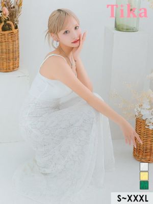 [SALE] キャミソールカシュクール風クロス切り替えフラワーレースAラインロングドレス (Sサイズ～XXXLサイズ) (重川茉弥/キャバドレス着用)