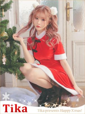 サンタコス 2点set ベロアフレアスカートガーリーチャイナ風袖ありサンタコスプレ [ワンピース＋ポンポン]