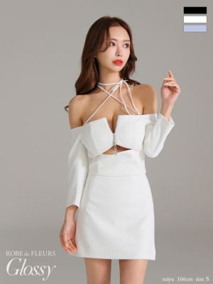 [ROBEdeFLEURSGlossy/ローブドフルールグロッシー] 高級オフショルダーバストジップ袖ありセットアップタイトミニドレス