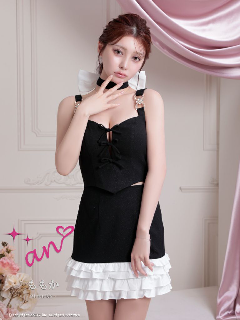 キャバドレス an アン　高級ノースリーブセットアップ裾フリルネックリボンビジュータイトミニドレス