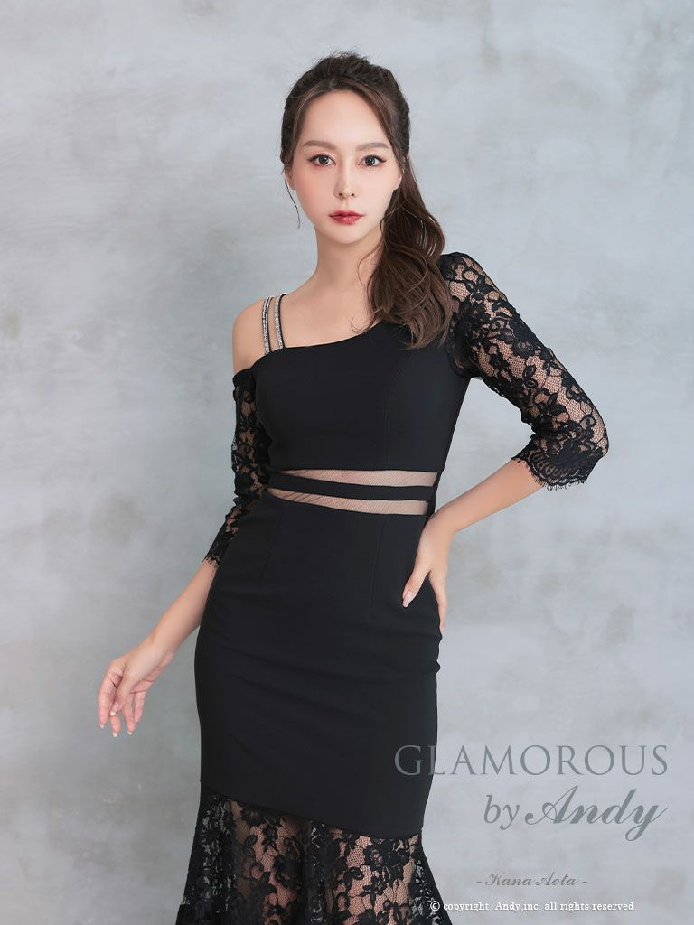 キャバドレス AndyGLAMOROUS アンディグラマラス　高級袖ありワンショルダーウエストカット花柄レースタイトロングドレス