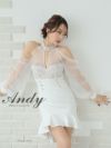 キャバドレス Andy アンディ　高級花柄シアー長袖ホルターネック肩あき裾フリルパールボタンマーメイドタイトミニドレス