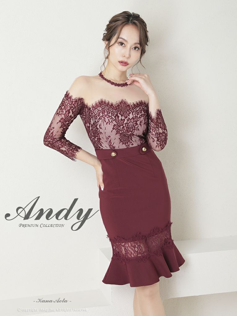 キャバドレス Andy アンディ　高級デコルテシアー袖ありウエストベルト花柄レースタイト膝丈ドレス