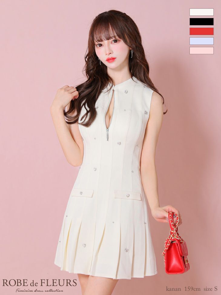 キャバドレス ミニドレス ROBEdeFLEURS ローブドフルール　高級ノースリーブジップハートビジューポケット風デザインフレアミニドレス