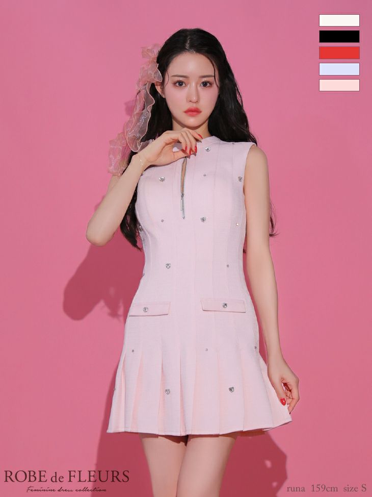 キャバドレス ミニドレス ROBEdeFLEURS ローブドフルール　高級ノースリーブジップハートビジューポケット風デザインフレアミニドレス