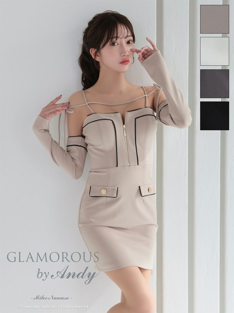 キャバドレス AndyGLAMOROUS アンディグラマラス　高級 長袖 袖あり 肩あき ジップ ポケット風 ゴールドボタン タイトミニドレス