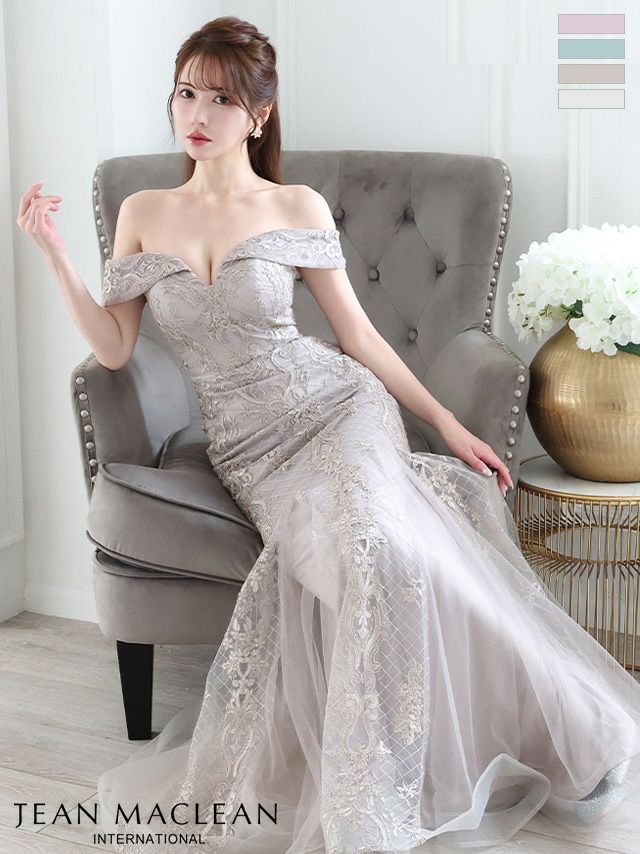 キャバドレス ロングドレス JEANMACLEAN ジャンマクレーン高級刺繍レースオフショルダーシンプルワンカラータイトロングドレス