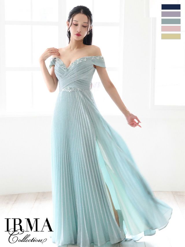 キャバドレス ロングドレス IRMA イルマ 高級ラメニットオフショルダーフラワービジュースリットAラインロングドレス