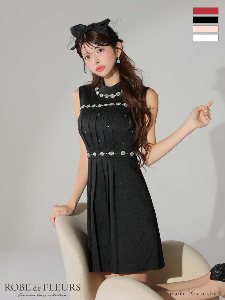 キャバドレス ミニドレス ROBEdeFLEURS ローブドフルール高級ツイードノースリーブオフネックビジューフレアミニドレス