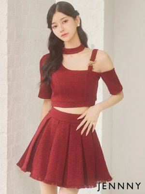 [JENNNY/ジェニー] 袖ありワンショルダー風ツイードセットアッププリーツフレアミニドレス