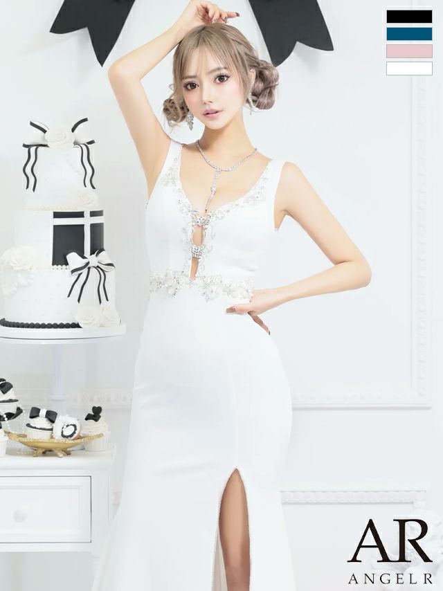 キャバドレス ロングドレス Angel-R エンジェルアール  高級ノースリーブフラワービジューパールスリットゴージャスタイトロングドレス