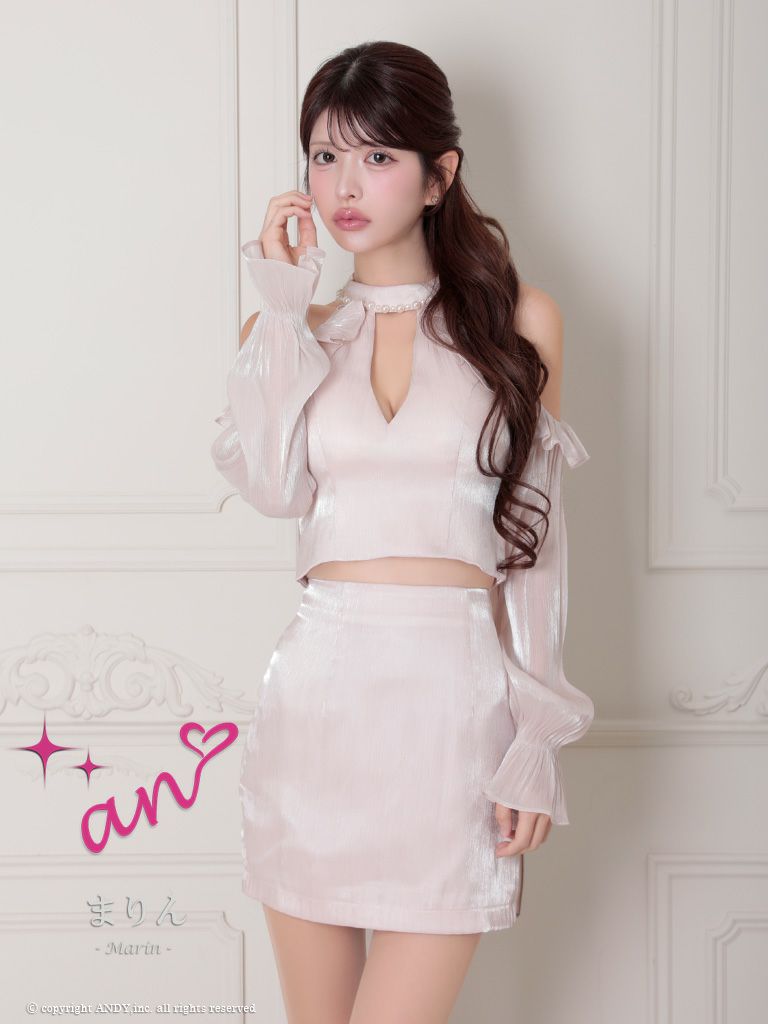 キャバドレス an アン　高級ホルターネックセットアップ肩あき長袖ジップバストカットパールシフォンフリルタイトミニドレス