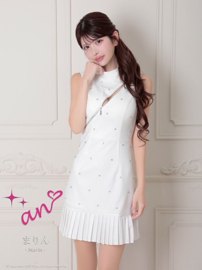 キャバドレス an アン　高級ノースリーブジップドット柄風ビジューフレアミニドレス