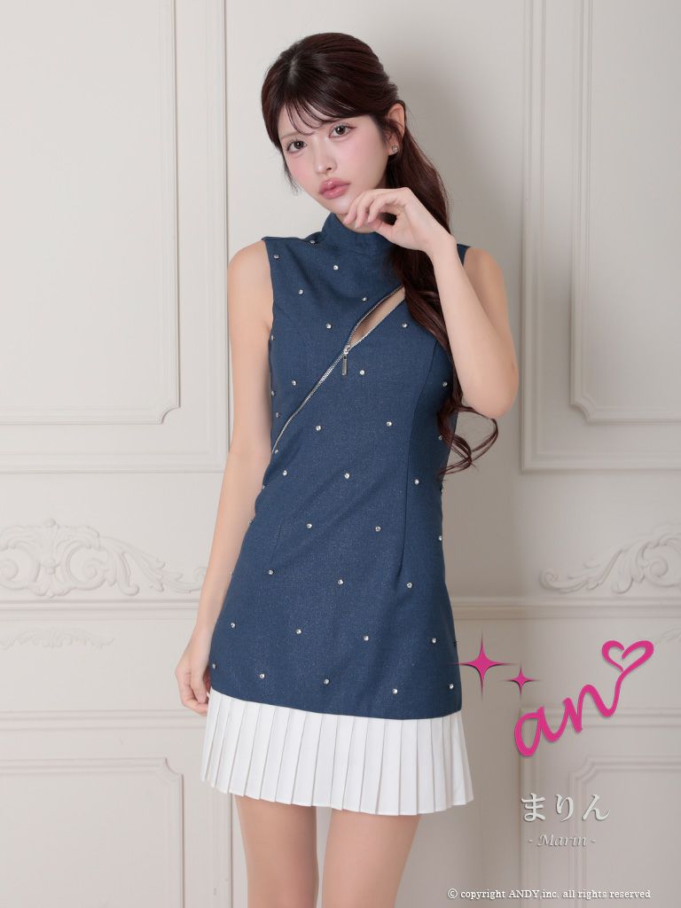 キャバドレス an アン　高級ノースリーブジップドット柄風ビジューフレアミニドレス