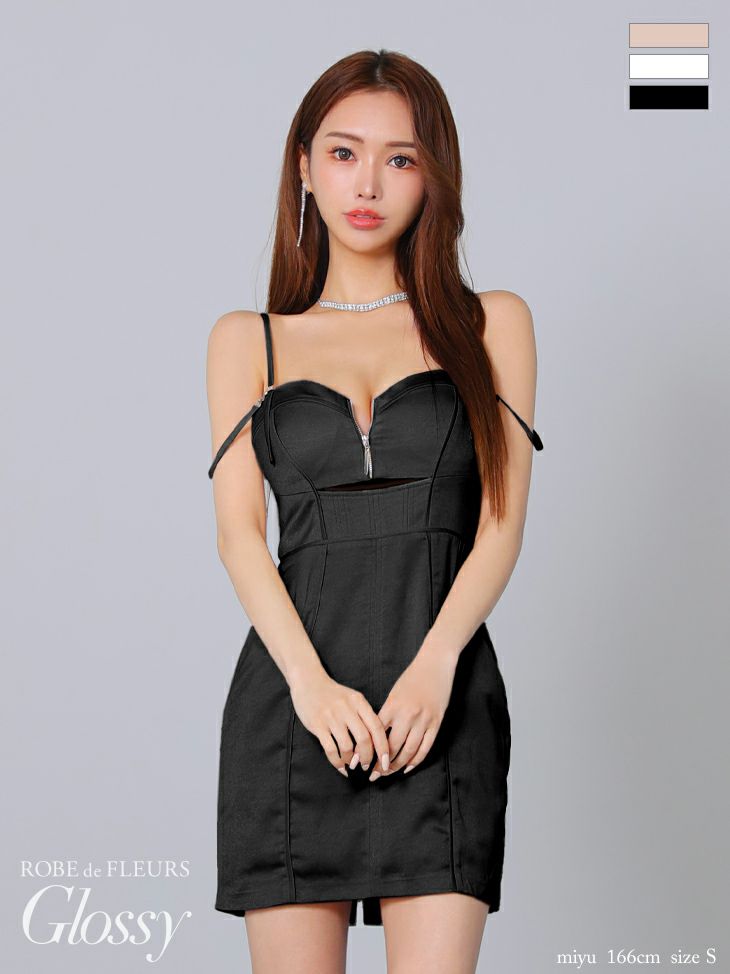 キャバドレス ミニドレス ROBEdeFLEURSGlossy ローブドフルールグロッシー　高級キャミソールウエストカットジップフェイクスエードタイトミニドレス