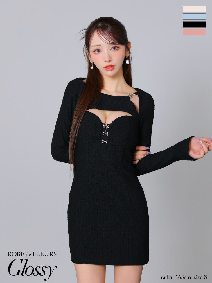 キャバドレス ミニドレス ROBEdeFLEURSGlossy ローブドフルールグロッシー　高級長袖バストカットネックリボンワッフルタイトミニドレス