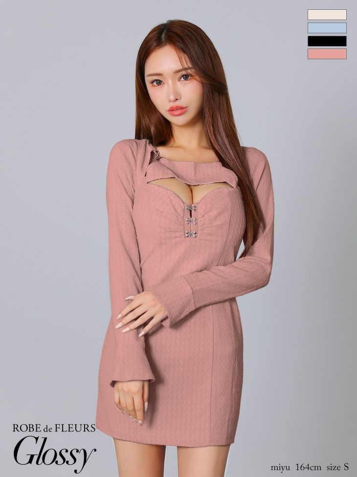 キャバドレス ミニドレス ROBEdeFLEURSGlossy ローブドフルールグロッシー　高級長袖バストカットネックリボンワッフルタイトミニドレス