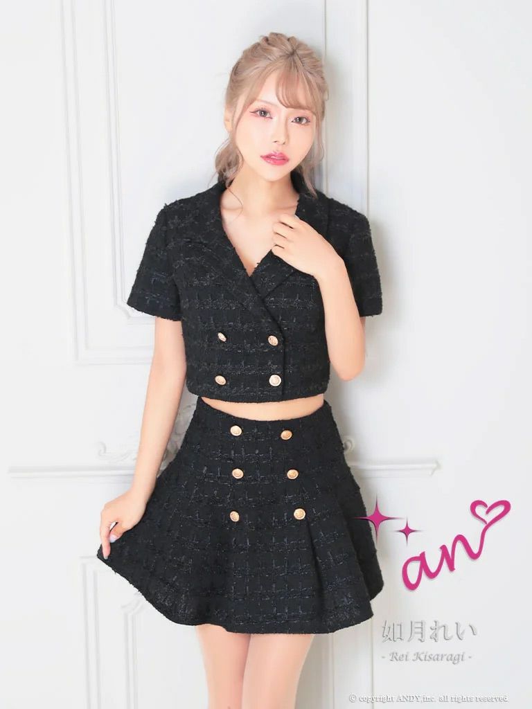 キャバドレス an アン　高級襟デザインチェック柄ツイードセットアップゴールドボタンフレアミニドレス