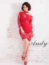 キャバドレス Andy アンディ　高級袖ありワンショルダーくびれ花柄レースタイトミニドレス