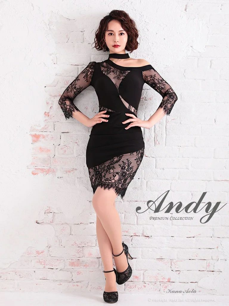 キャバドレス Andy アンディ　高級袖ありワンショルダーくびれ花柄レースタイトミニドレス